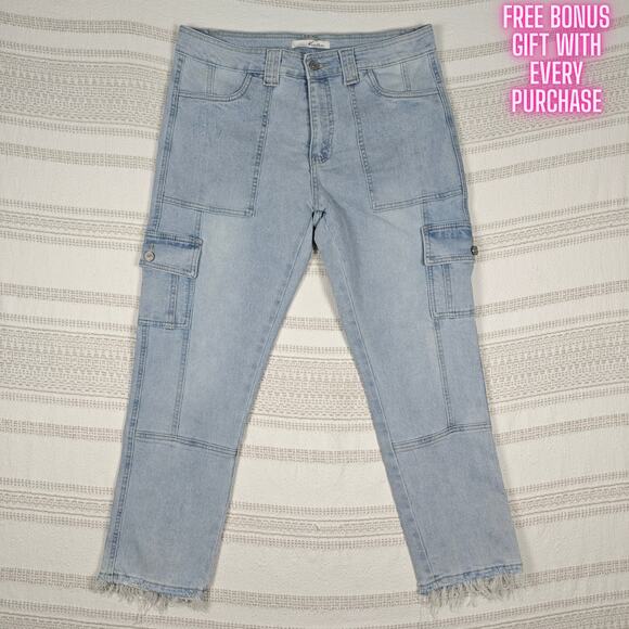 KanCan High Rise Cargo Jeans Light Wash Straight Leg Size 11/29 - Picture 1 of 8